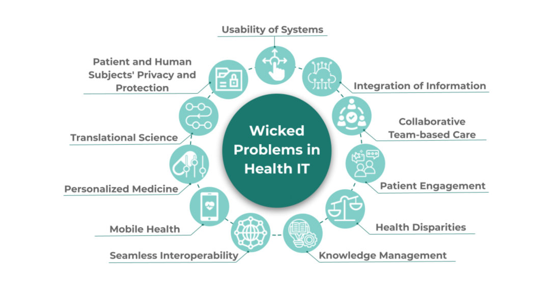 Icons representing the categories listed below in a circle around the text Wicked Problems in Health IT