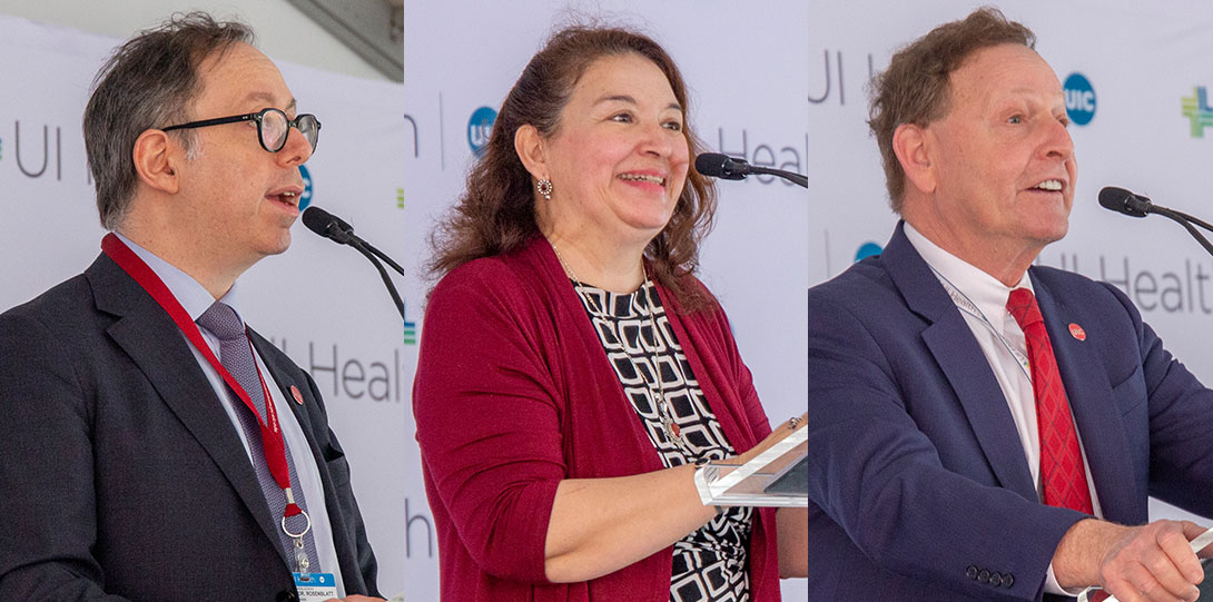 Photos of Dr. Mark Rosenblatt, Dean, UIC College of Medicine; Jenny Aguirre, Asst. Director, Illinois Dept. of Healthcare and Family Services; and Dr. Robert A. Barish, UIC Vice Chancellor for Health Affairs