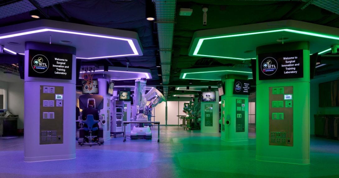 photo of the Surgical Innovation Training Lab with dramatic multi-colored lighting