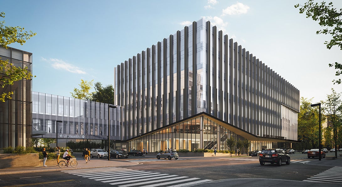 Architectural rendering showing the building and new walkway over Taylor street on a sunny day