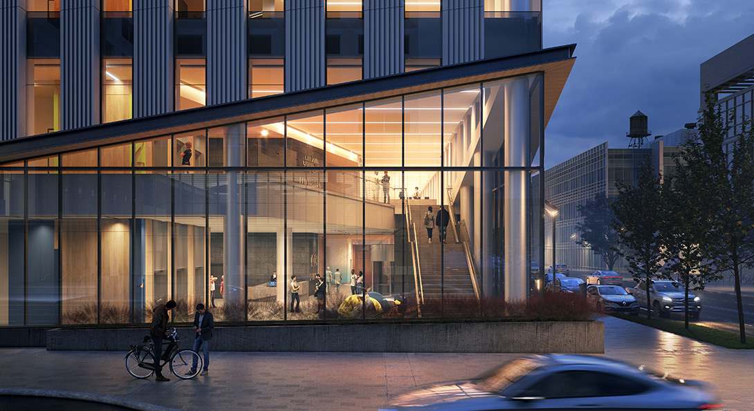architectural rendering showing the building illuminated at night