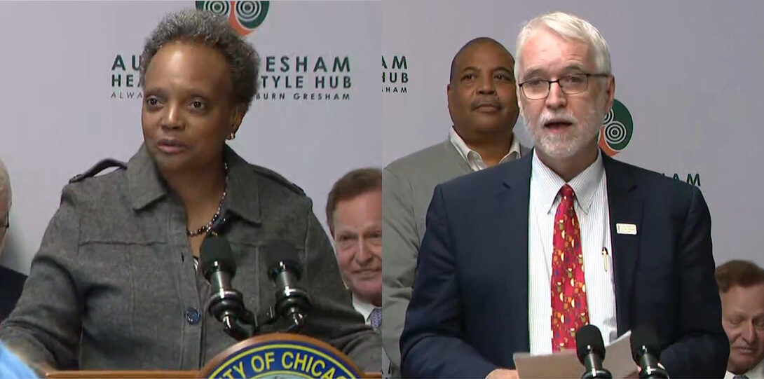 photos of Lori Lightfoot wearing a dark grey suit and Timothy Killeen wearing a dark blue suit and red necktie, both speaking from behind a podium