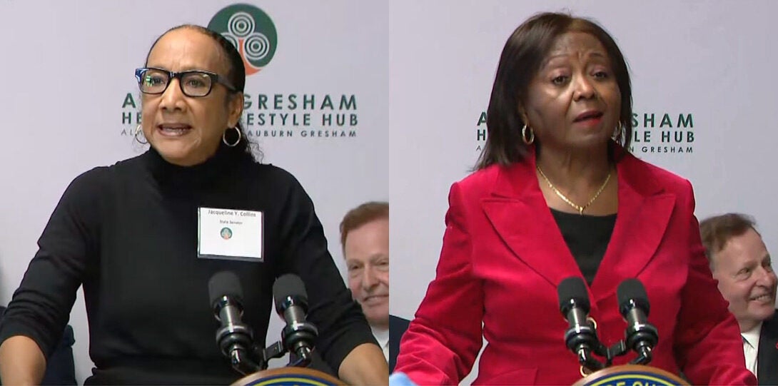 photos of Senator Collins wearing a black turtleneck top, and Representative Flowers wearing a red dress, both speaking from behind a podium