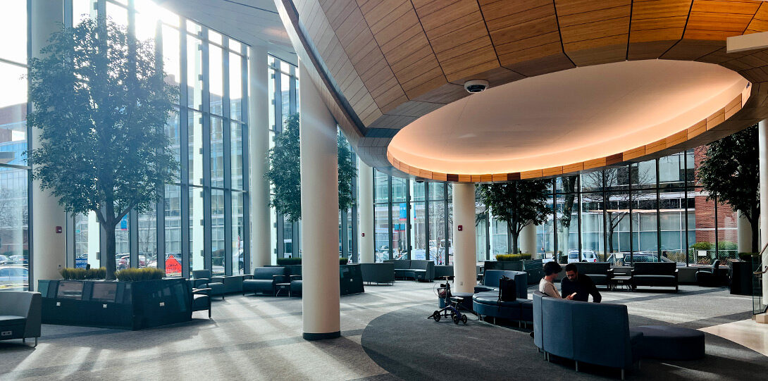 view inside the new hospital atrium showing two walls of two-story windows, four small trees and the bottom part of the wood-paneled meditation space