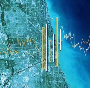 illustration of a graph and data superimposed on of map of Cook County 