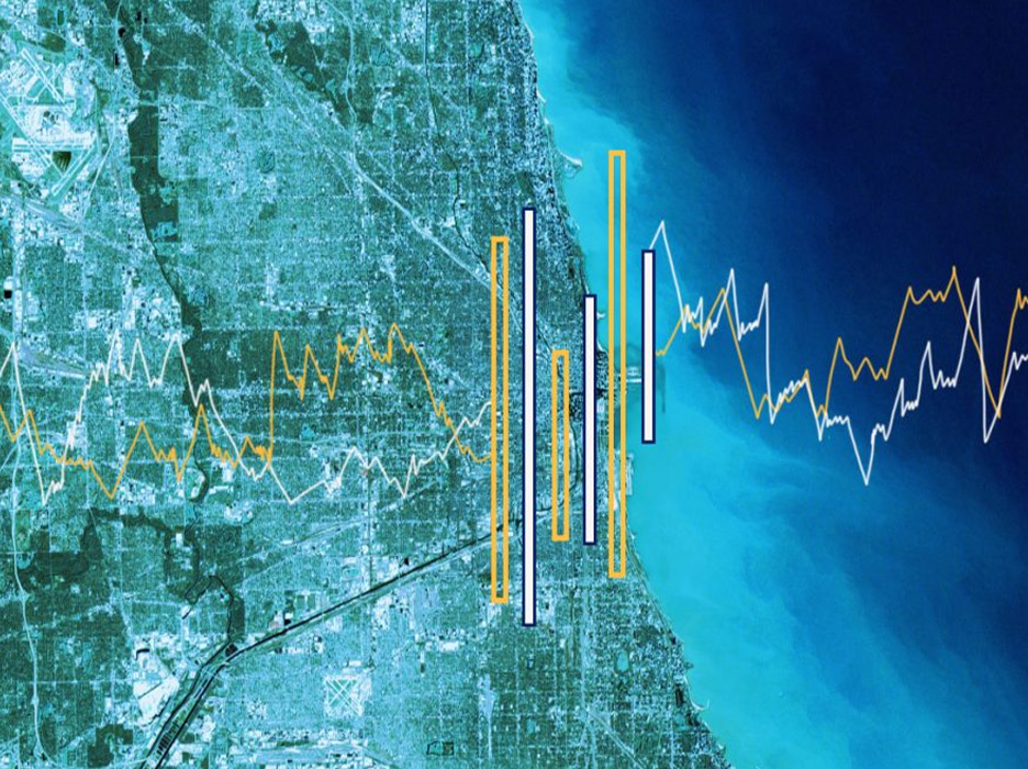 illustration of a graph and data superimposed on of map of Cook County