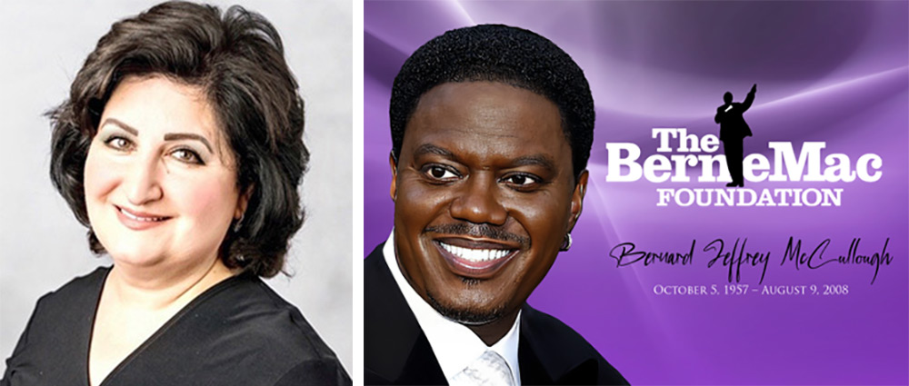 photos of Dr. Sweiss wearing a black blouse and Bernie Mac in a suit against a purple background