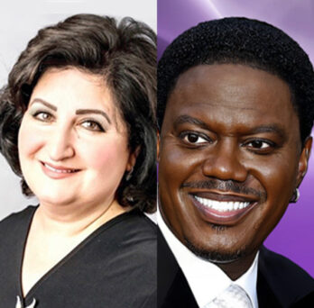 photos of Dr. Sweiss wearing a black blouse and Bernie Mac in a suit against a purple background 