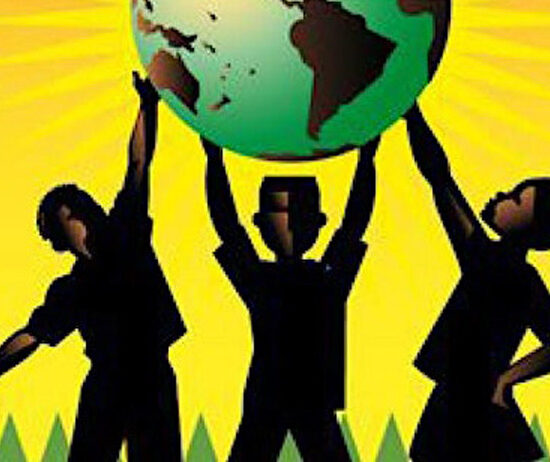 illustration showing silhouettes of people of color lifting up a green globe against a yellow-orange background