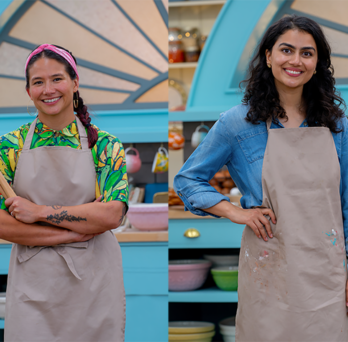 photos of both women wearing aprons on the set of the TV show 