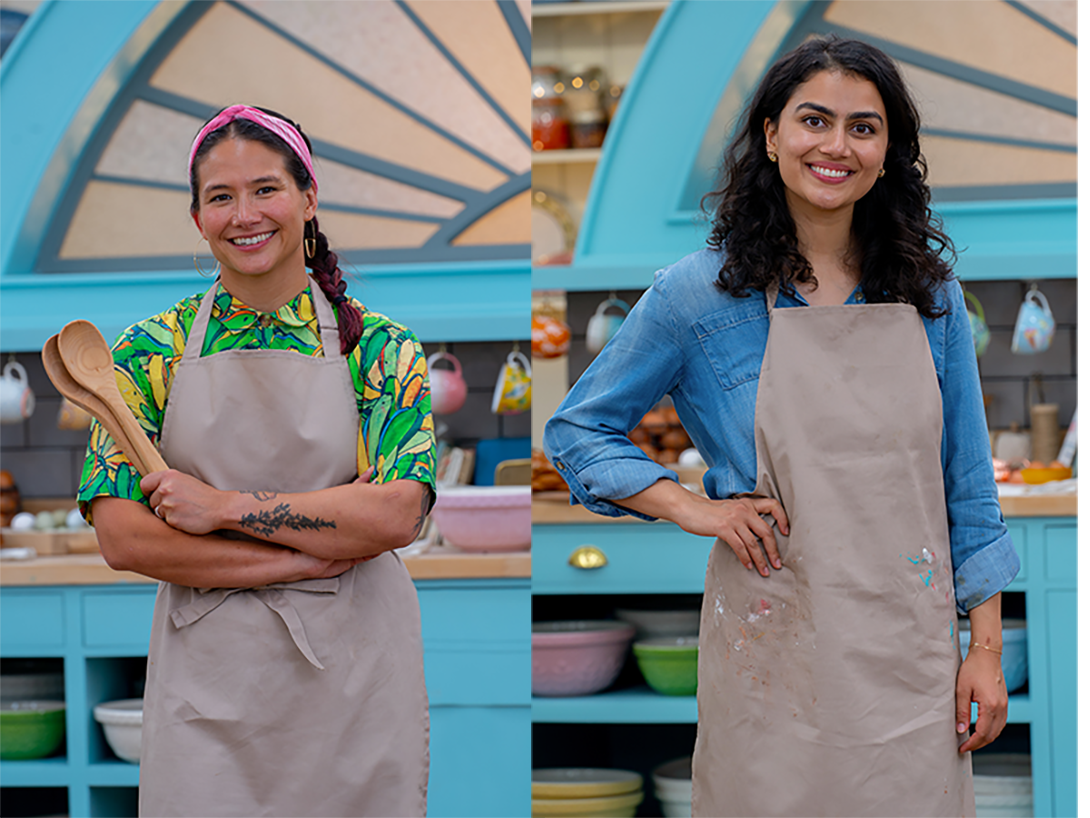 photos of both women wearing aprons on the set of the TV show