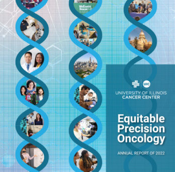 part of cover of the annual report showing illustrations of DNA and the text Equitable Precision Oncology: Annual Report of 2022 