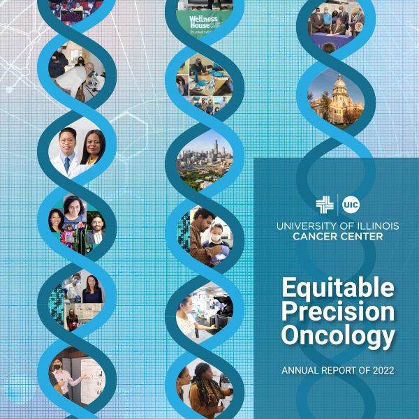 part of cover of the annual report showing illustrations of DNA and the text Equitable Precision Oncology: Annual Report of 2022