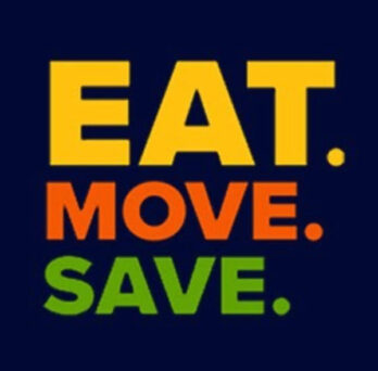 Eat.Move. Save. logo, showing those three words in bright colors against a dark blue background 