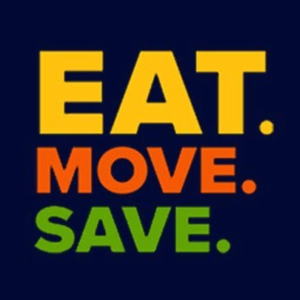 Eat.Move. Save. logo, showing those three words in bright colors against a dark blue background