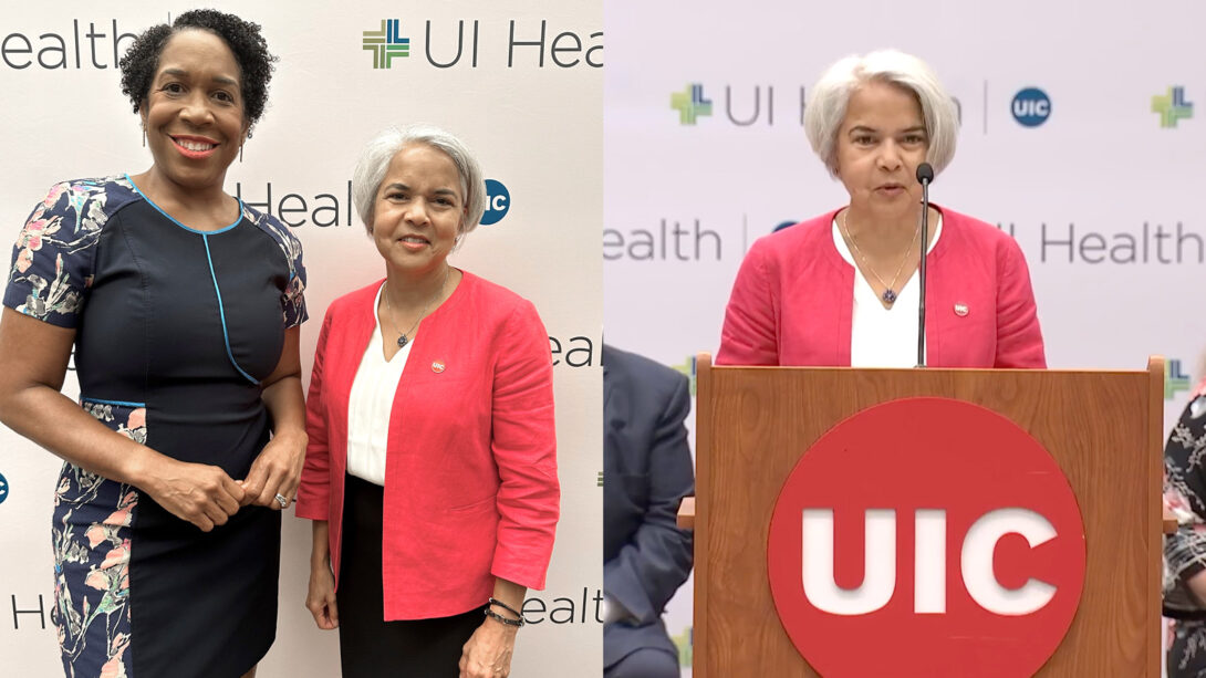Two photos of UIC Chancellor Miranda, one posing with Lt. Governor Juliana Stratton and another standing behind a podium with a large UIC logo on the front