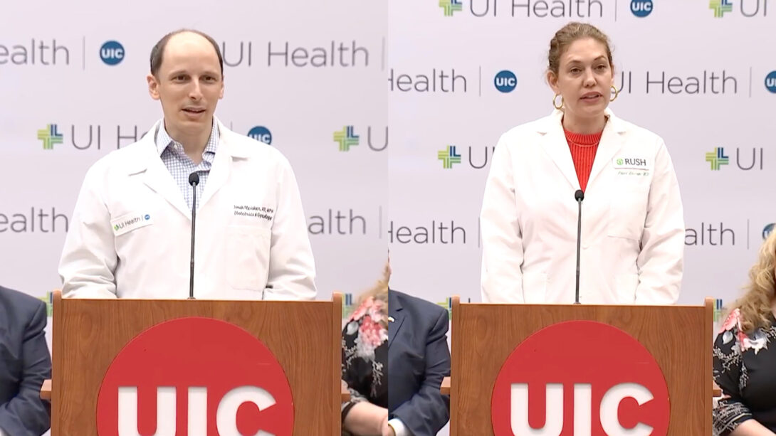 UI Health physician Dr. Jonah Fleisher and Rush University physician Dr. Laura Laursen, each standing behind a podium with a large UIC logo on the front