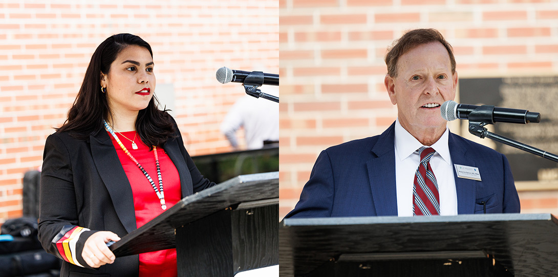 Photos of a young Latinx woman (Adriana Black) and Dr. Robert Barish speaking from behind a podium