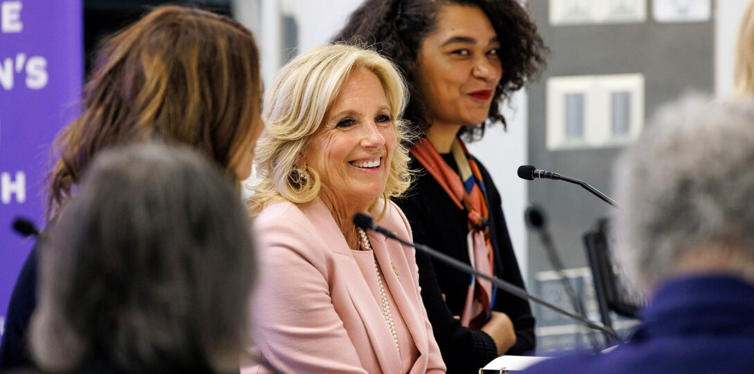 Dr. Jill Biden and Alexandra Paget Blanc seated next to each other at the roundtable
