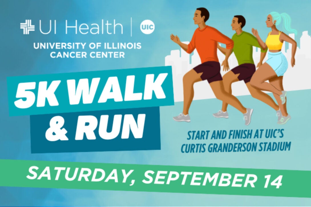 graphic with UI Health / Cancer Center logo, an illustration of people running against a city skyline, and the text 5K Walk 7 Run Saturday, September 14 - Start and Finish at UIC's Curtis Granderson Stadium