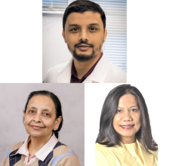 photos of three researchers:  a man with short dark hair, mustache and beard and wearing a white lab coat; a woman with long dark hair and wearing a plaid sweater with a white shirt underneath; and a woman with long shoulder length dark hair, wearing a yellow blouse 