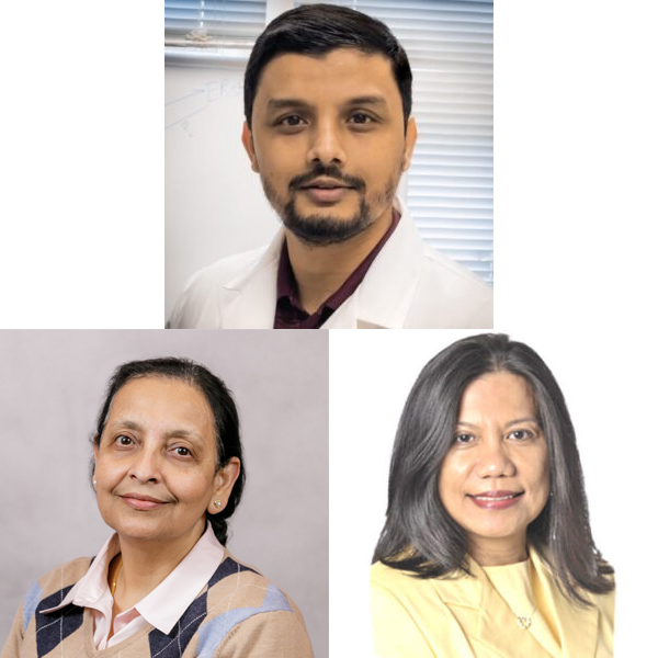 photos of three researchers:  a man with short dark hair, mustache and beard and wearing a white lab coat; a woman with long dark hair and wearing a plaid sweater with a white shirt underneath; and a woman with long shoulder length dark hair, wearing a yellow blouse