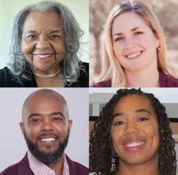 Photos of four people: an African American woman with shoulder length salt-and-pepper hair, a woman with long blond hair, an African American man with beard and mustache, and an African American Woman with braided hair 