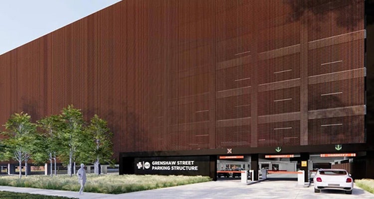 Street view of modern parking structure with several levels of parking